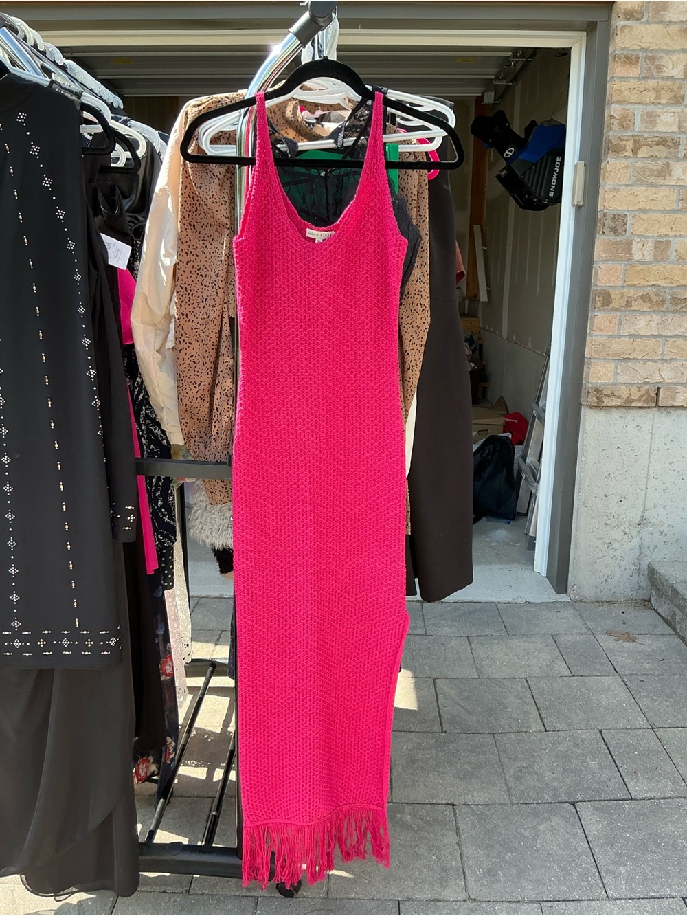 Moon River Fuchsia Fringe Knit Maxi Dress